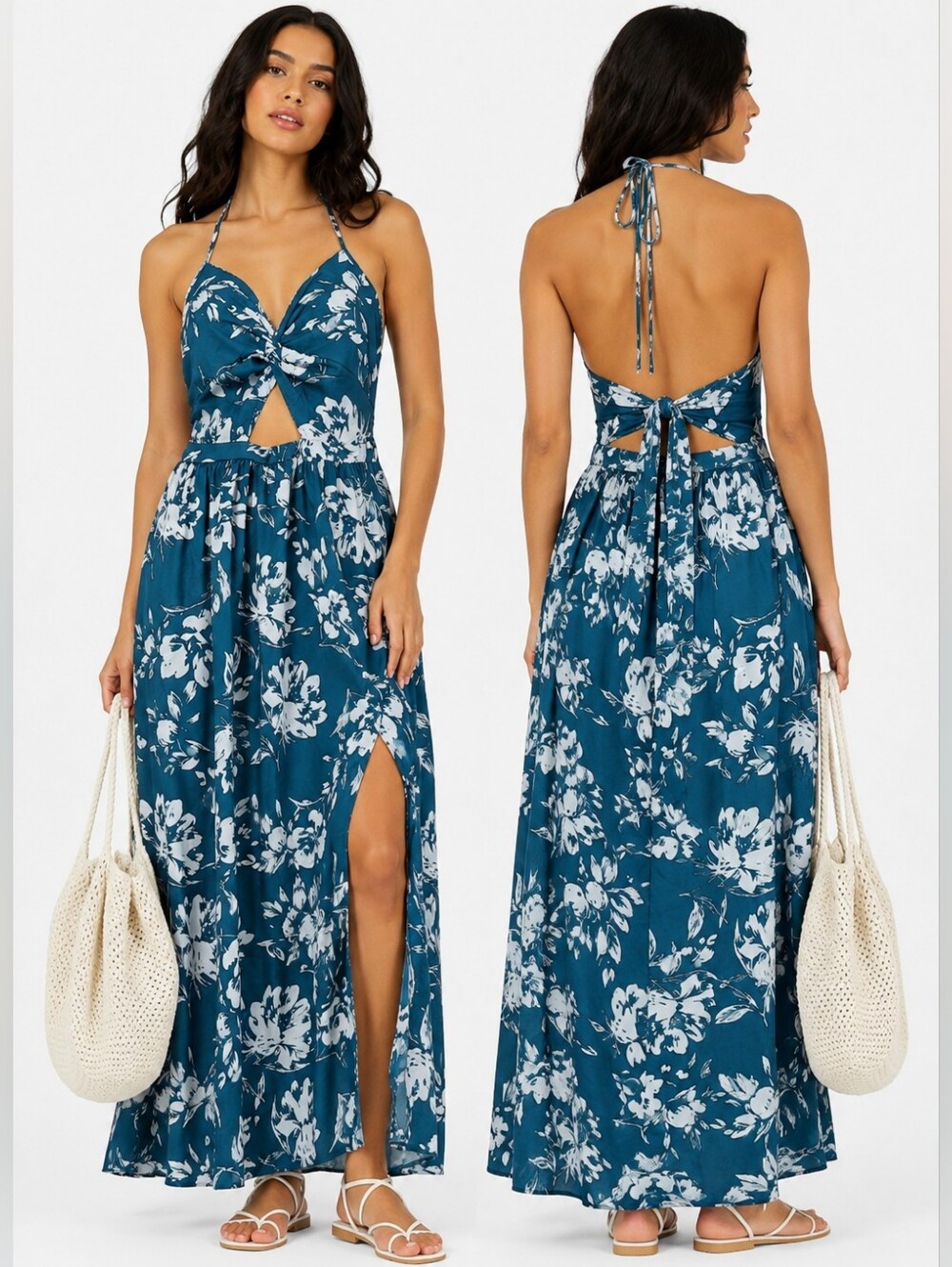 NWT Yozy Floral Halter Maxi Dress Size L (US 8/10) Open Tie Back Long Side Split